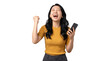 © PNG STOCKS - Excited young asian woman celebrating success while holding her smartphone isolated on transparent background