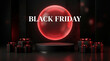 © CreativeFrame - Black Friday sale podium with glowing red sphere and gift boxes on dark background