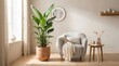 © Maryam - Bright modern living room with a large Bird of Paradise plant in terracotta pot, a cozy light grey bouclé armchair, wooden side table with dried grass, and soft natural light from window, creating ser