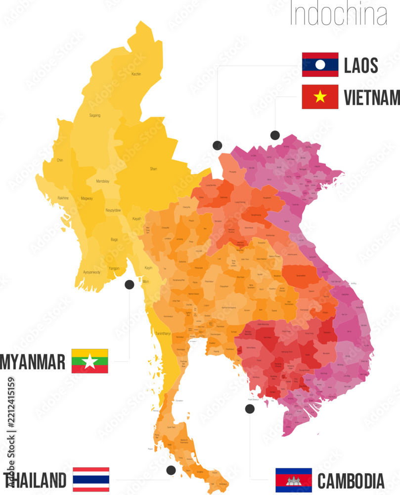 Regional Map Label Vetor Indochina regional political map. Administrative divisions of ...