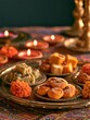 © Ilmi - Colorful Indian Sweets Arranged on Decorative Tray for Diwali Celebration with Traditional Elements