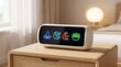 © PixelCraft Studio - Modern smart alarm clock displaying vibrant glowing icons for daily hydration, sleep tracking, physical fitness, and healthy nutrition