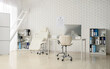 © Pixel-Shot - Ophthalmology clinic and eye care services, modern optometrist office with medical equipment and vision testing chart on white brick wall background