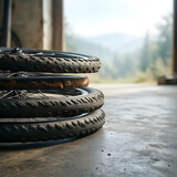 Bicycle maintenance and repair, stack of mountain bike wheels in a workshop with blurred outdoor nature background for cycling and adventure sports