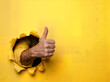 © pixeoo - Male hand showing thumbs up gesture through a hole in yellow paper