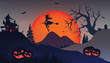 © Arafat - Halloween banner template with witch silhouette flying over a spooky