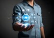 © lisha - Man holding a glowing artificial intelligence chip and futuristic digital network hologram interface