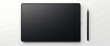 © SUMAIA - Black graphics drawing tablet and stylus pen on white surface for digital art creation.