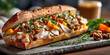 © syhin_stas - Salvadoran pan con pavo on a rustic plate: sliced turkey in baguette with cilantro, onions, red chilies and gravy, colorful vegetables for a hearty, traditional meal