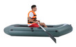 © New Africa - Man in life vest rowing inflatable rubber boat on white background