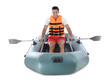 © New Africa - Man in life vest rowing inflatable rubber boat on white background