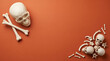 © Protim - Spooky Halloween background featuring multiple human skulls and scattered bones arranged neatly on a solid orange surface with ample negative space for creative seasonal designs and holiday