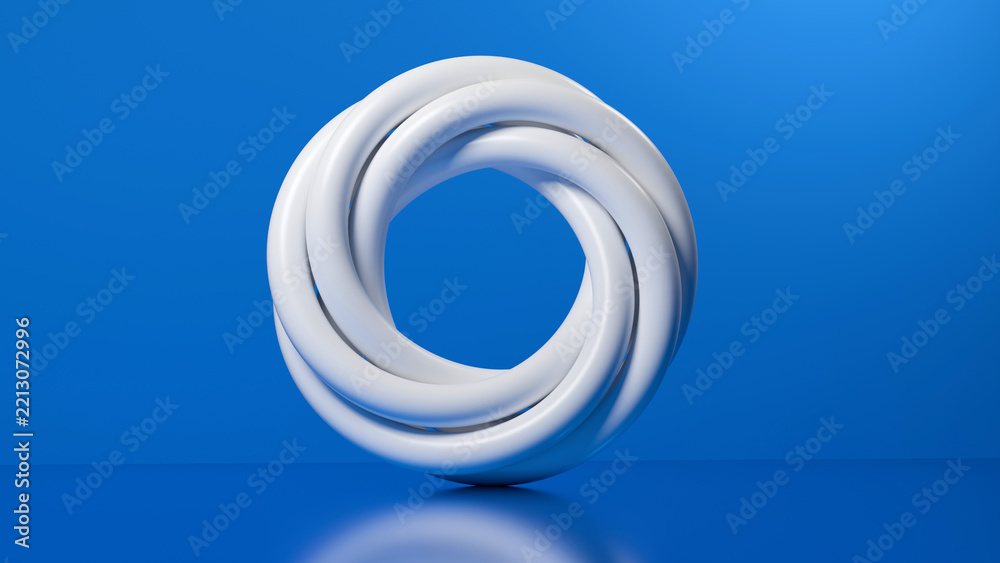 3D abstract white twisted ring torus shape on blue background. Ideal ...