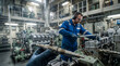 © FrameLab - Technician holding a fuel injector part while repairing a large marine engine in a ship engine room