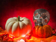 © mark_gusev - Disco ball skull glows beside mini pumpkins. Red smoke swirls around the dark scene. Autumn leaves scatter beneath the objects. No people present in the image. Perfect for Halloween or party themes