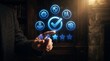 © Mike - Businessman touching quality assurance and certification icons representing guarantee standard compliance and customer satisfaction rating