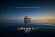 © Background - A tall ship sailing on calm dark blue ocean waters at sunset with golden light, featuring the text sailing toward new horizons happy new year 2027