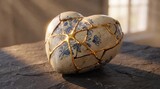 Kintsugi heart ceramic sculpture on stone table