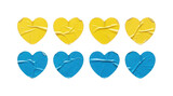 Eight wrinkled heartshaped stickers in yellow and blue colors isolated on transparent background
