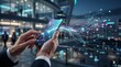 © One_mu studio - Person using smartphone with glowing digital data trails in night city