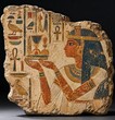 © UnderTheSun - Weathered Egyptian style relief fragment shows a woman in a blue and gold headdress carrying an offering against a dark background