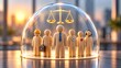 © Anhidrit'12 - Wooden figurines representing diverse professions protected under glass dome with golden scales of justice above representing employment law and workplace equality