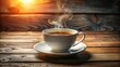 © Kitiphong - A steaming cup of hot black tea glows invitingly in a white china cup atop a weathered wooden table