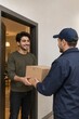 © Sergey - Smiling young man receiving cardboard box, courier in cap at apartment door, home parcel delivery service, package