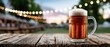 © Krzysztof - Rustic picnic table under twinkling string lights with oversized beer stein amidst leafy trees and colorful festival atmosphere