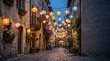 © Obaedul - Charming vintage pedestrian street at blue hour with colorful glowing hanging lanterns, flower boxes and old stucco buildings