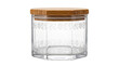 © M Zahira - Elegant clear glass storage jar with intricate floral etching, a stylish kitchen container featuring a natural bamboo lid, perfect for pantry organization and home decor.