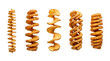 © inam - Crispy curly fries row on white background, golden fried spiral potato chips set, seasoned fast food snack studio shot
