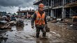 © Chainarong - A weary construction worker navigates through a muddy waterlogged job site under a dark overcast sky at an active industrial building project