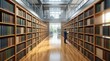 © Aisyah - Symmetrical interior view of a modern library with tall wooden bookshelves and a man in a blue lab coat examining a book, with a bright scientific laboratory in the background.