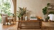 © sambath - A serene living room with a wooden bench, potted plants, and a white wall in the background.