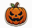 © chirag - Cute spooky jack-o-lantern embroidered fabric patch with vivid orange threadwork, thick white stitched border, raised textile construction and a realistic soft shadow isolated on white.