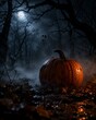 © PonPes - A solitary, wet pumpkin sits in a misty, moonlit forest clearing on a dark, spooky Halloween night.