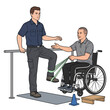 © Mandra - Physical therapist assisting patient with leg exercise using resistance band near parallel bars