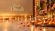 © Nihar - Happy Diwali text card background with glowing brass diya oil lamps, marigold garlands, and rose petals on marble floor