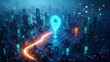 © Danish - Futuristic glowing blue map pin hovering over a digital cyberpunk city grid with neon streetlights and complex illuminated urban architecture during nighttime rendering