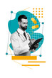 © deagreez - Vertical photo collage of serious doctor guy hold clipboard write recipe covid prevention pills pharmacy isolated on painted background