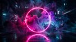 © Sujabat - Glowing pink neon circle frame with vibrant purple smoke clouds and dark abstract city lights in the background