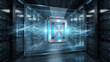 © Nakrooz - Futuristic AI microchip processor with digital HUD holographic interface glowing in a modern server room background