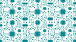 © Sonia - Seamless tileable flat vector pattern of teal circuit board lines, microchip outlines and digital connection nodes on solid white background for technology electronics innovation design