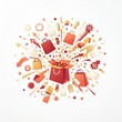 © Anat art - A vibrant display of shopping bags and festive decorations shows a retail promotion. The scene promotes discounts and special offers.