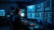 © patricia - Cyber security expert analyzing code and data on computer screens in a blue lit control room