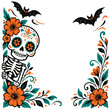 © niloy - Day of the dead sugar skull skeleton with orange flowers and bats, festive mexican holiday illustration