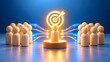 © AI - Leader figure on podium sharing goals with team represented by glowing lines and a bright target bullseye