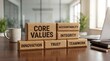 © Pixim Stock - Wooden blocks with core values like accountability, integrity, innovation, trust, and teamwork.