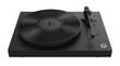 © Strange_Creator  - Sleek matte black turntable with vinyl record, minimalist record player for audiophiles, modern analog audio equipment isolated on white
